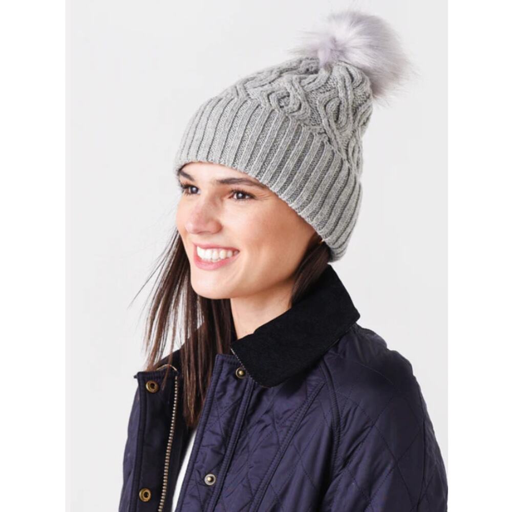 Echo Womens Beanie Pom Hat Silver Gray Cable Knit Fleece Lined Thermal Cuff NEW